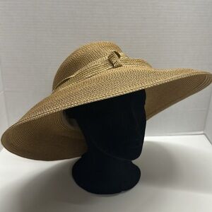 Eric Javits Hat Floppy Sun Shade Classic Straw Tan Brown Bow Ribbon Round